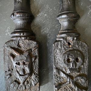 Rare Pair Antique 16th Century Carved Oak Pilasters With Skulls, Devils And Demons From A Bizarre Sideboard In The East Anglia Region