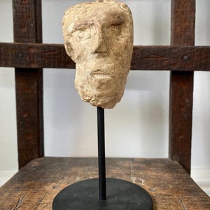 Unusual Creepy Stone Figural Head Sculpture On Stand