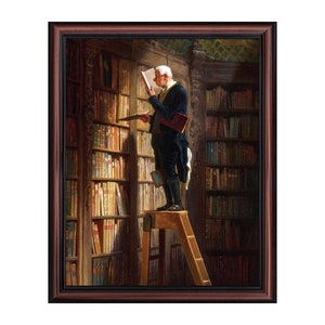 May include: A painting of a man in a dark suit and white shirt standing on a wooden ladder in a library. He is reaching for a book on a high shelf. The library is filled with bookshelves and books.