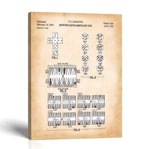 May include: A vintage-style patent print titled Improved Backgammon and Dice by P.J. Lapadura, dated February 14, 1984. The document features black technical diagrams on a tan background, including dice layouts, board configurations, and move sequences.