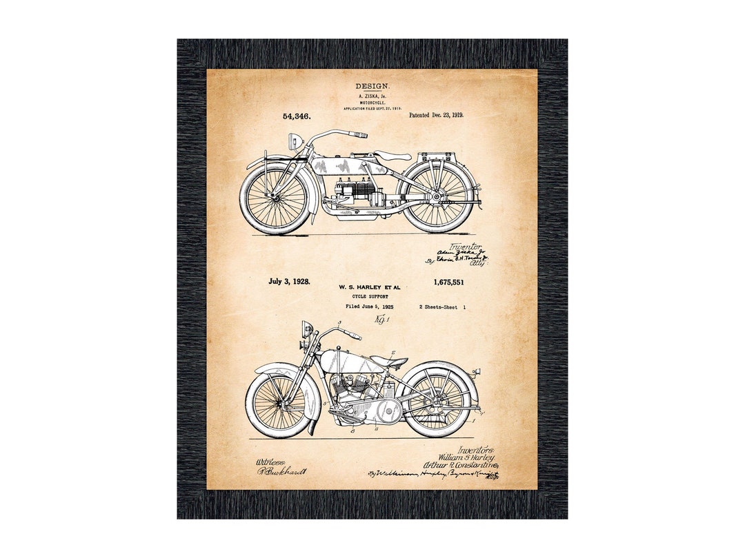 Vintage Harley Davidson Decor 1919 and 1928 Framed Motorcycle Patent