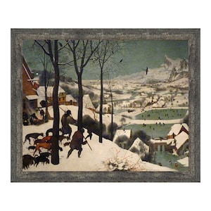 May include: A painting depicting a snowy winter landscape with a village in the foreground and a mountain range in the background.  The painting features a group of people walking through the snow with dogs, and a frozen lake with people ice skating.