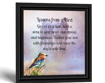 Lessons from a Bird Quote, Framed Inspirational Wall Art, Motivational Bird Decor Gift for Friends