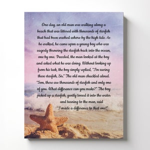 May include: Canvas art print featuring a beach scene with a starfish on the sand and ocean waves. The artwork includes text about making a difference. The background has a gradient of pink, purple, and blue.