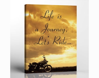 Puede incluir: Una silueta de motocicleta negra contra un cielo de puesta de sol con el texto "Life is a Journey, Let's Ride..."