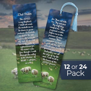 May include: Two rectangular bookmarks with religious text and a pastoral scene of sheep grazing. The bookmarks have a blue tassel and cord. The text on the bookmarks is from the 23rd Psalm.