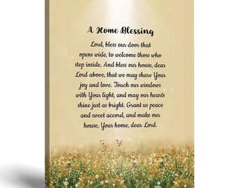 May include: A rectangular canvas wall art piece featuring a soft gold and cream background with a field of green and yellow wildflowers at the bottom. The text A Home Blessing is printed in black, followed by a prayer in black script and serif font.