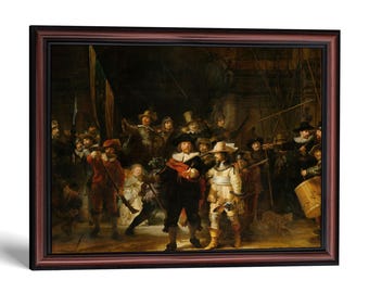 May include: A framed oil painting depicting a group of figures in 17th-century attire, including men in dark coats and hats, a central figure in a black coat with a red sash, and a figure in a yellow coat, all set within a dark, shadowed interior.