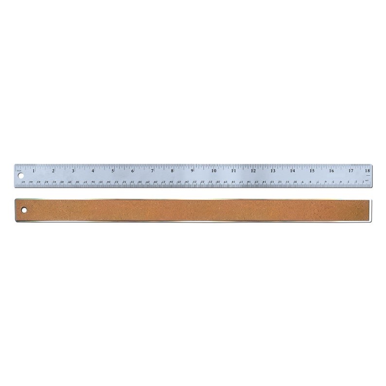 May include: A silver ruler with black markings, measuring 18 inches. The ruler has a cork backing.