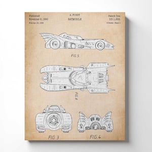 May include: A vintage-style print featuring the Batmobile patent design. The artwork showcases the vehicle from multiple angles: side, top, front, and rear views. The print includes the text "A. FURST BATMOBILE" and patent information.