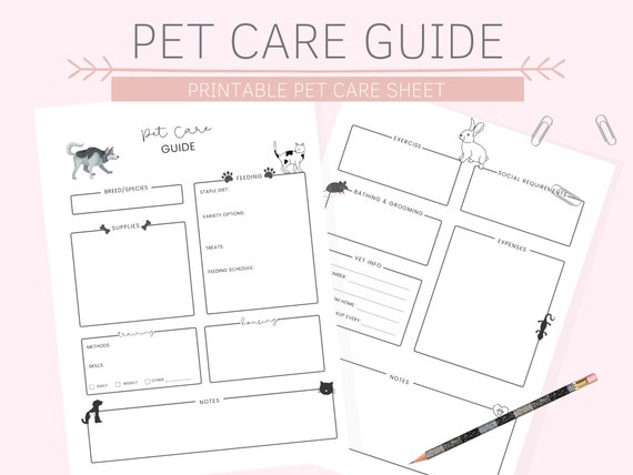 Pet Care Guide Printable Pet Care Sheet A4 - Etsy