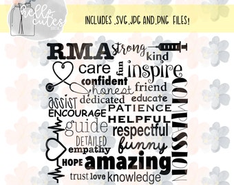 May include: A digital design featuring the letters "RMA" and words like "strong", "care", and "inspire". Includes illustrations of a stethoscope, syringe, and heart. The text "INCLUDES .SVG .JPG AND .PNG FILES!" is also present.