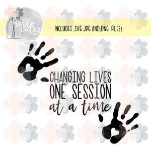 May include: Black and white graphic design with two handprints and the text "CHANGING LIVES ONE SESSION at a time". The background is a white pattern of blue and pink flowers.