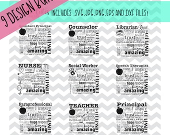 BUNDLE School Staff Appreciation day/week: 9 designs! Cut files for Teacher, Principal, Speech Therapist, Counselor, Paraprofessional & more