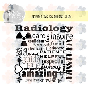 May include: Black and white word art design with the word "Radiology" at the top and a list of words describing the profession, including "care", "inspire", "confident", "honest", "friend", "dedicated", "educate", "assist", "encourage", "patience", "guide", "helpful", "respectful", "detailed", "empathy", "funny", "kind", "amazing", "trust", "love", and "knowledge".