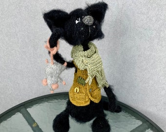 Handmade Knitted Black Cat Plush with Crochet Mouse