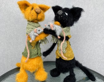 Figuras de gatos y ratones tejidos a mano: Juguetes de lana hechos a mano para decoración del hogar