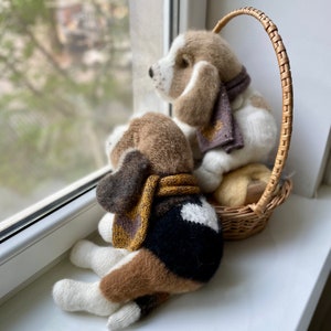 Two knitted realistic puppies beagle in a scarf Puppies soft toy Knitted realistic puppies beagle Crochet realistic puppies Knitted animals