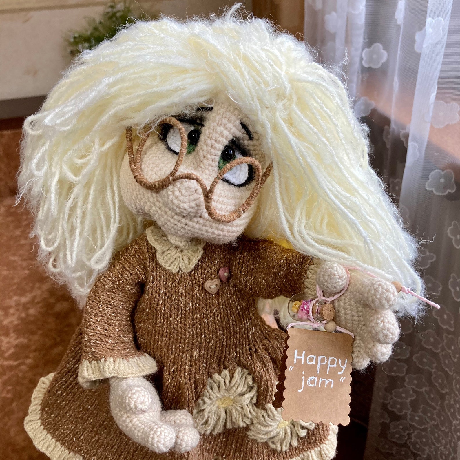 Art crochet doll in glasses Knitted doll with long hair House Etsy