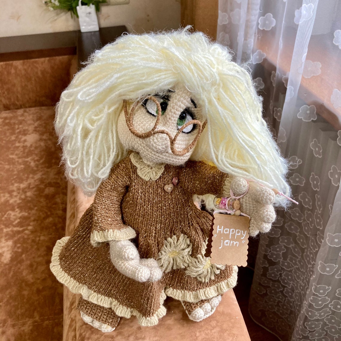 Art crochet doll in glasses Knitted doll with long hair House Etsy