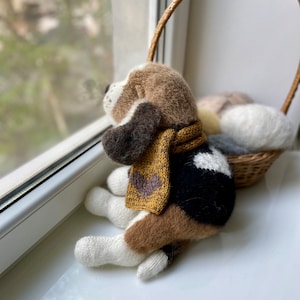 Knitted puppy beagle in a scarf  Puppy soft toy Knitted puppy Realistic stuffed puppy Crochet puppy beagle Realistic puppy Crochet beagle