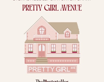 Pretty Girl Avenue House Tour - Digital Needlepoint Stitch Chart - 18 Mesh | Pink Cottage