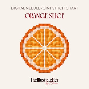 Op de afbeelding: Digitaal kruissteekpatroon met een gepixeld sinaasappelschijf-ontwerp. De sinaasappelschijf is in tinten oranje en wit, met donker bordeauxrode tekst "ORANGE SLICE". De tekst "TheIllustrateHer by Eloise" staat onderaan.