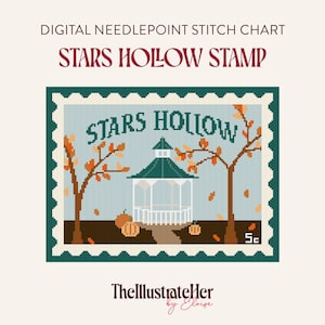 May include: Digital needlepoint stitch chart featuring a Stars Hollow stamp design. The design includes a gazebo, trees with orange leaves, and pumpkins. The text "STARS HOLLOW" is prominently displayed. The stamp is framed in a teal border.
