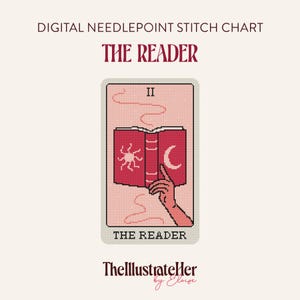 May include: Digital needlepoint stitch chart labelled "The Reader." The image shows a tarot card design with a red book, a sun, and a crescent moon. A hand holds the card, with the text "The Reader" at the bottom.