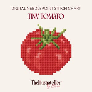 Könnte beinhalten: Digitales Kreuzstichmuster mit einer pixeligen roten Tomate mit grünen Blättern. Der Text "TINY TOMATO" steht über der Tomate, und der Name des Künstlers steht unten.