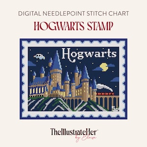 Op de afbeelding: Een digitaal naaldpunt-steekpatroon getiteld Hogwarts Stamp. Het ontwerp toont een gepixelde illustratie van een kasteel bij nacht met een gele maan, een vliegende auto en een rode trein op een brug. De tekst Hogwarts is in het wit weergegeven.