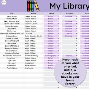 Puede incluir: Un gr&aacute;fico imprimible con una lista de t&iacute;tulos de libros, autores, g&eacute;neros, subg&eacute;neros y formatos. El gr&aacute;fico se titula "Mi biblioteca" y tiene un fondo morado. El texto "&iexcl;Mant&eacute;n un registro de lo que tienes en libros f&iacute;sicos, audio y electr&oacute;nicos en tu biblioteca en casa!" est&aacute; en un c&iacute;rculo en el lado derecho del gr&aacute;fico.