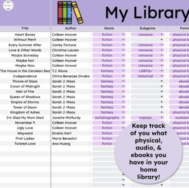 Puede incluir: Un gr&aacute;fico imprimible con una lista de t&iacute;tulos de libros, autores, g&eacute;neros, subg&eacute;neros y formatos. El gr&aacute;fico se titula "Mi biblioteca" y tiene un fondo morado. El texto "&iexcl;Mant&eacute;n un registro de lo que tienes en libros f&iacute;sicos, audio y electr&oacute;nicos en tu biblioteca en casa!" est&aacute; en un c&iacute;rculo en el lado derecho del gr&aacute;fico.