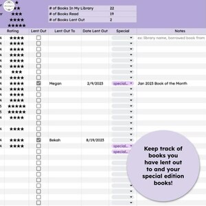 Puede incluir: Un rastreador de libros imprimible morado y blanco con una lista de verificaci&oacute;n para los libros prestados, un sistema de calificaci&oacute;n y una secci&oacute;n para notas. El texto dice "# of Books In My Library 22", "# of Books Read 19", "# of Books Lent Out 2", "Lent Out", "Lent Out To", "Date Lent Out", "Special", "Notes", "ex: library name, borrowed book from", "Jan 2023 Book of the Month", "Keep track of books you have lent out to and your special edition books!"