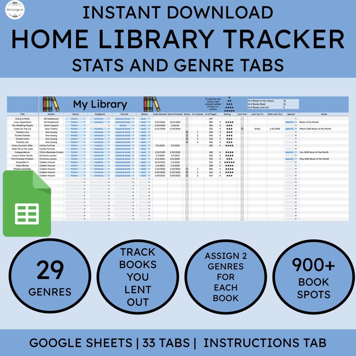 Home Library Tracker | Google Sheets Book Log (digital Download) - Etsy