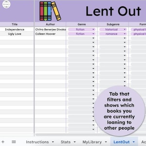 Puede incluir: Un rastreador de pr&eacute;stamos de libros imprimible con un fondo morado y una pila de libros en la esquina superior izquierda. La tabla tiene columnas para el t&iacute;tulo, el autor, el g&eacute;nero, el subg&eacute;nero y el formato. El texto "Lent Out" est&aacute; en letras grandes y negritas en la parte superior de la tabla. Un c&iacute;rculo con el texto "Pesta&ntilde;a que filtra y muestra qu&eacute; libros est&aacute;s prestando actualmente a otras personas" est&aacute; en la esquina inferior derecha.