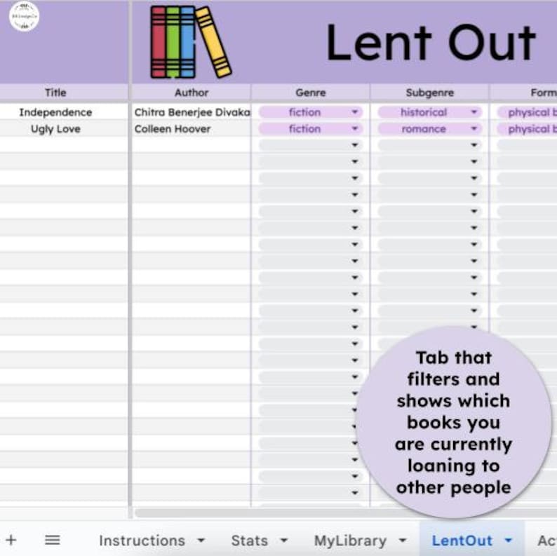 Puede incluir: Un rastreador de pr&eacute;stamos de libros imprimible con un fondo morado y una pila de libros en la esquina superior izquierda. La tabla tiene columnas para el t&iacute;tulo, el autor, el g&eacute;nero, el subg&eacute;nero y el formato. El texto "Lent Out" est&aacute; en letras grandes y negritas en la parte superior de la tabla. Un c&iacute;rculo con el texto "Pesta&ntilde;a que filtra y muestra qu&eacute; libros est&aacute;s prestando actualmente a otras personas" est&aacute; en la esquina inferior derecha.
