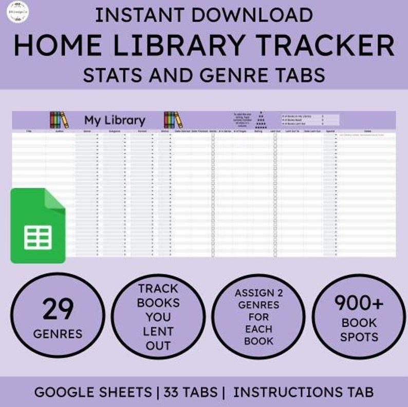 Puede incluir: Un rastreador de biblioteca dom&eacute;stica digital imprimible de Google Sheets en color morado y blanco. El rastreador tiene 33 pesta&ntilde;as, incluidas 29 pesta&ntilde;as de g&eacute;nero, y puede rastrear m&aacute;s de 900 libros. El texto "INSTANT DOWNLOAD HOME LIBRARY TRACKER STATS AND GENRE TABS" est&aacute; en la parte superior de la imagen. El texto "My Library" est&aacute; en el centro de la imagen. El texto "GOOGLE SHEETS | 33 TABS | INSTRUCTIONS TAB" est&aacute; en la parte inferior de la imagen.