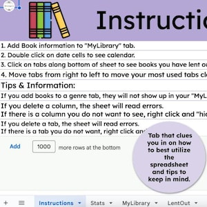 Puede incluir: Una captura de pantalla de una aplicaci&oacute;n de hoja de c&aacute;lculo con instrucciones sobre c&oacute;mo usar la pesta&ntilde;a "MyLibrary". Las instrucciones incluyen agregar informaci&oacute;n del libro, usar el calendario y mover las pesta&ntilde;as. El texto "Consejos e informaci&oacute;n" tambi&eacute;n est&aacute; incluido, junto con una nota sobre agregar m&aacute;s filas en la parte inferior.