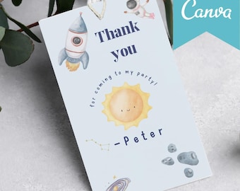 First Trip Around the Sun Favor Tags | Space Birthday (Editable Canva Template)