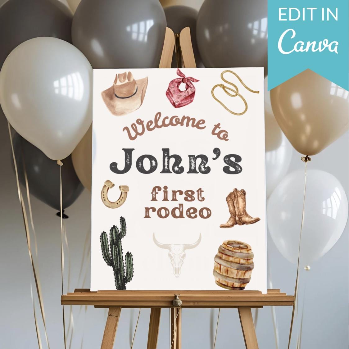 Editable First Rodeo Birthday Welcome Sign Canva Template | Cowboy Birthday Theme Instant Download Digital Card | Western Birthday Welcome