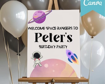 Editable Space Ranger Birthday Theme Welcome Sign Template Canva | Outer Space Birthday Theme | Astronaut Birthday Welcome