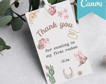 Etiquetas de regalo para el primer cumpleaños de rodeo / Pegatinas editables de vaquera (Canva)