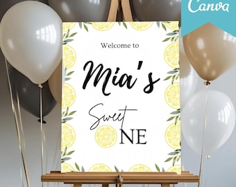 Editable Sweet One Lemon First Birthday Welcome Sign Template Canva | Lemon Birthday Theme Signage