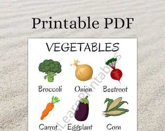 Printable Vegetables Words Chart, Educational Home Learning, 8.5 x 11 inch, Instant Download PDF