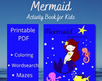 May include: Printable PDF activity book for kids featuring a mermaid with a starfish, octopus, and seahorse. The book includes coloring, word search, mazes, tic-tac-toe, and more.
