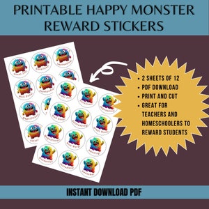 印刷可能なハッピーモンスターのご褒美ステッカー、ホームスクール/教師用、PDF の即時ダウンロード