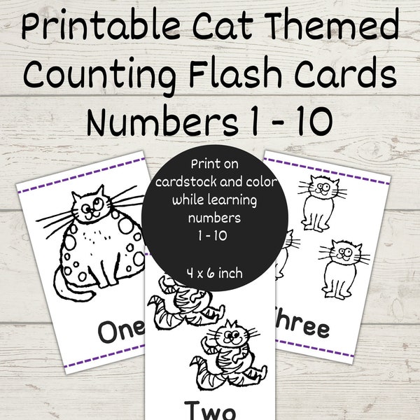 Printable Numbers 1 - 10 Flash Cards, Coloring Cats, Educational Instant Download PDF, 4 x 6 inch