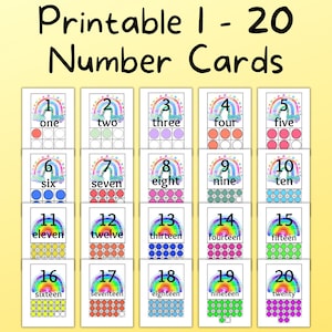 Druckbare Zahlenkarten, 1 - 20, Lernkarten, 8,5 x 11 inch, Sofort Download PDF