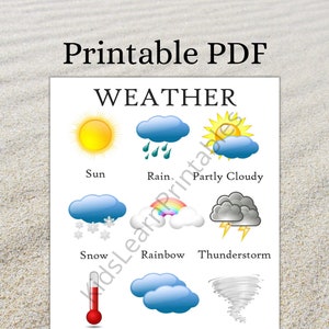 Gráfico de palabras meteorológicas imprimible, aprendizaje educativo en el hogar, 8,5 x 11 pulgadas, descarga instantánea de PDF
